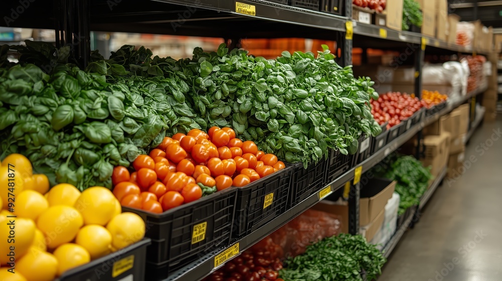 An assortment of fresh vegetables including ripe red and yellow tomatoes, green leafy vegetables, and other produce neatly organized on shelves in a warehouse or grocery store setting An assortment of fresh vegetables including ripe red and yellow tomatoes, green leafy vegetables, and other produce neatly organized on shelves in a warehouse or grocery store setting