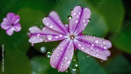 rain soaked purple and white flowers next to green leaves and water dropletss on them photo