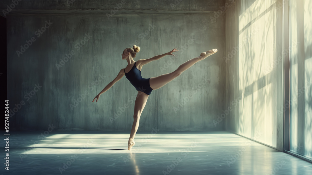 Fototapeta premium A young ballerina trains and dances in a very modern studio. She is concentrated, purposeful, focused. The sun shines into the studio.