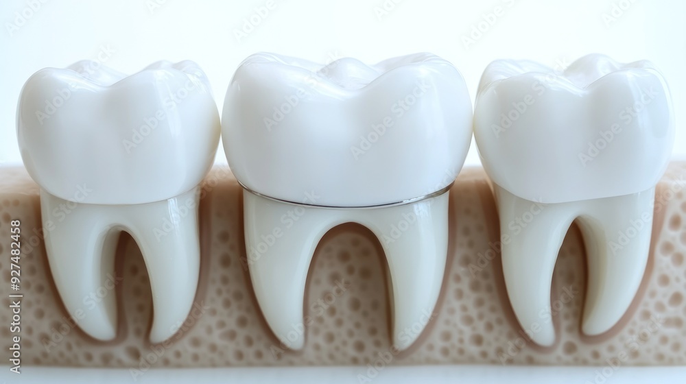 Three dental implants placed in a gum model shine under bright light Three dental implants placed in a gum model shine under bright light