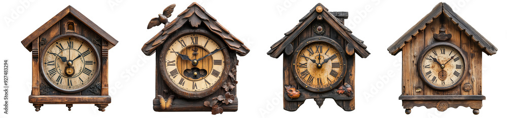 Wooden cuckoo clocks with rustic designs and intricate carvings traditional decor transparent background Wooden cuckoo clocks with rustic designs and intricate carvings traditional decor transparent background