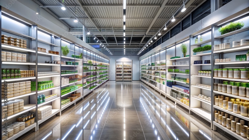 A vast, well-organized retail space with rows of shelves stocked with diverse products, fluorescent lighting, and a modern, sleek atmosphere. A vast, well-organized retail space with rows of shelves stocked with diverse products, fluorescent lighting, and a modern, sleek atmosphere.