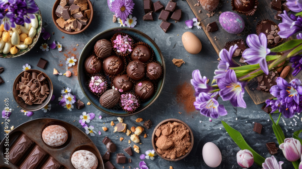 Fototapeta premium Colorful chocolates and flowers create a vibrant display perfect for spring celebrations