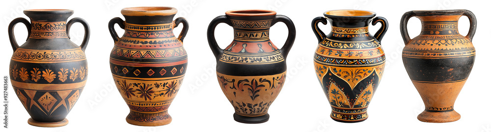 Collection of ancient Greek amphorae with intricate designs antique pottery transparent background Collection of ancient Greek amphorae with intricate designs antique pottery transparent background