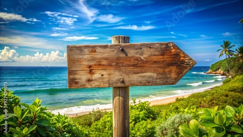 Wallpaper Mural A vintage wooden beach sign with faded paint and rusty screws points towards the ocean, surrounded by lush greenery and a sunny blue sky. Torontodigital.ca