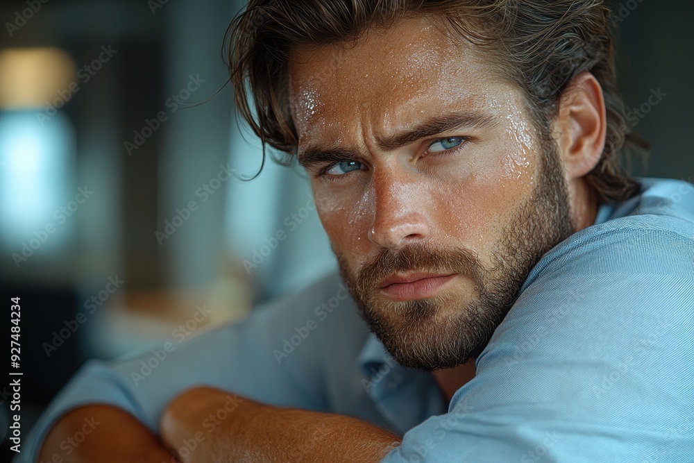 Fototapeta premium Close-Up of Man Applying Deodorant Spray to Sweat-Stained Armpit in a Drenched Gray-Blue Collared Shirt – Stock Photo for Cosmetics Company Banner Ad