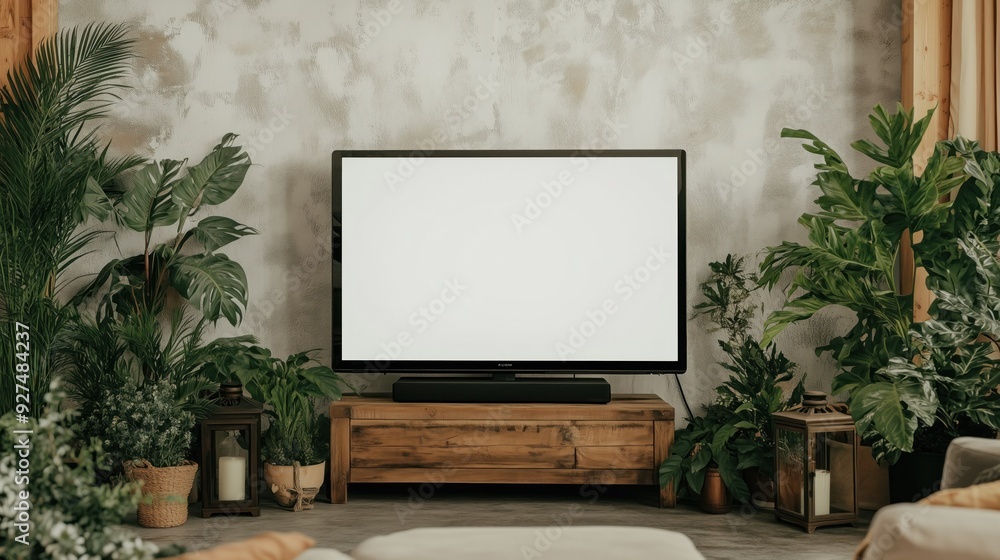A rustic living room with a white screen TV on a wooden console, surrounded by greenery and cozy furniture. A rustic living room with a white screen TV on a wooden console, surrounded by greenery and cozy furniture.