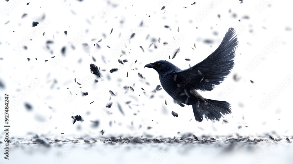 Fototapeta premium A black bird gracefully soars through a flurry of drifting feathers