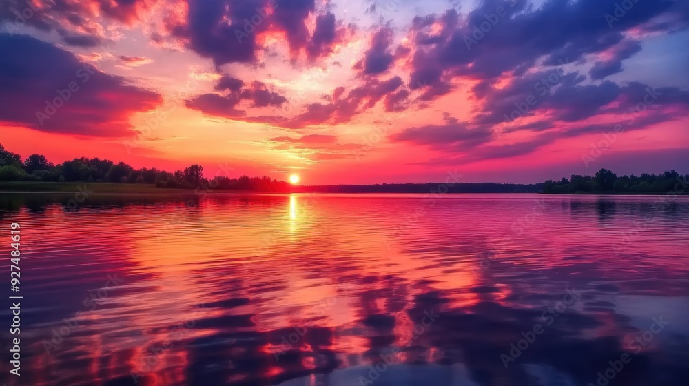 Obraz premium Serene Sunset Reflection on Lake with Deep Red and Purple Clouds - Tranquil Nature Scenery