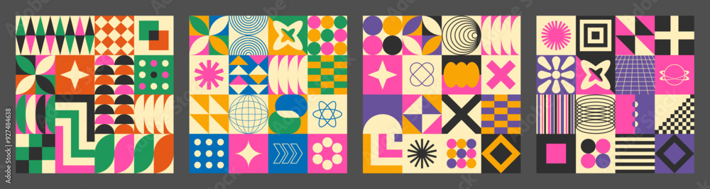 Abstract simple geometric seamless pattern with figure, form, shapes, circle and lines in Bauhaus style. Vibrant grunge geometry brutalism y2k 2000s print. Modern collage vector illustration Abstract simple geometric seamless pattern with figure, form, shapes, circle and lines in Bauhaus style. Vibrant grunge geometry brutalism y2k 2000s print. Modern collage vector illustration