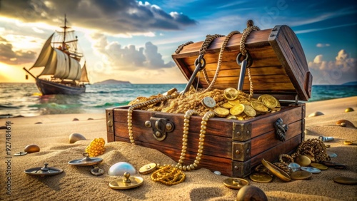 A weathered treasure chest overflowing with gold coins, jewels, and ancient artifacts sits atop a sandy beach, surrounded by rusty anchors and torn sails. photo