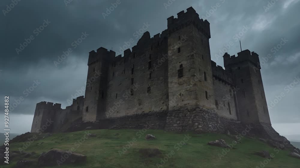 A Ghostly Fog Rolling Over an Ancient Stone Castle Under a Stormy Sky A Ghostly Fog Rolling Over an Ancient Stone Castle Under a Stormy Sky