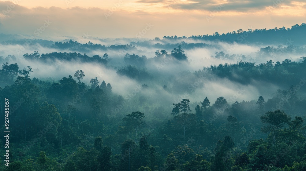 Fototapeta premium Serene Dawn in Misty Forest: Tranquil Morning with Foggy Sky and Low-hanging Clouds over Dense Woodland
