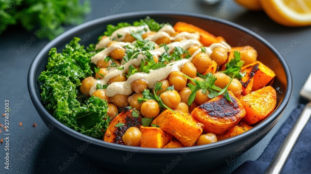A close-up of a bowl of roasted chickpeas, sweet potatoes, and kale, garnished with fresh herbs and a drizzle of tahini sauce A close-up of a bowl of roasted chickpeas, sweet potatoes, and kale, garnished with fresh herbs and a drizzle of tahini sauce