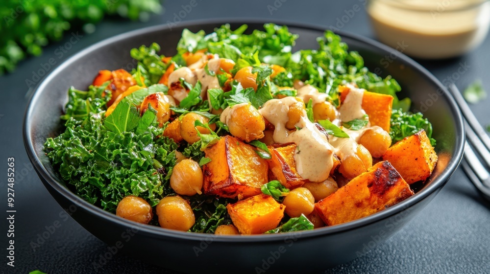 A close-up of a bowl of roasted chickpeas, sweet potatoes, and kale, garnished with fresh herbs and a drizzle of tahini sauce A close-up of a bowl of roasted chickpeas, sweet potatoes, and kale, garnished with fresh herbs and a drizzle of tahini sauce