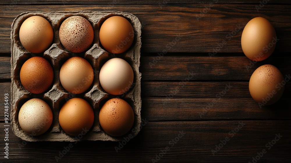 Twelve eggs in a carton with two set aside, glowing in warm evening light Twelve eggs in a carton with two set aside, glowing in warm evening light