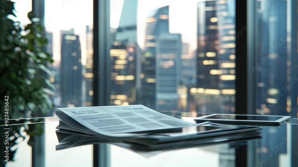 Newspaper on a contemporary glass table with a sleek tablet and a city skyline in the background Newspaper on a contemporary glass table with a sleek tablet and a city skyline in the background