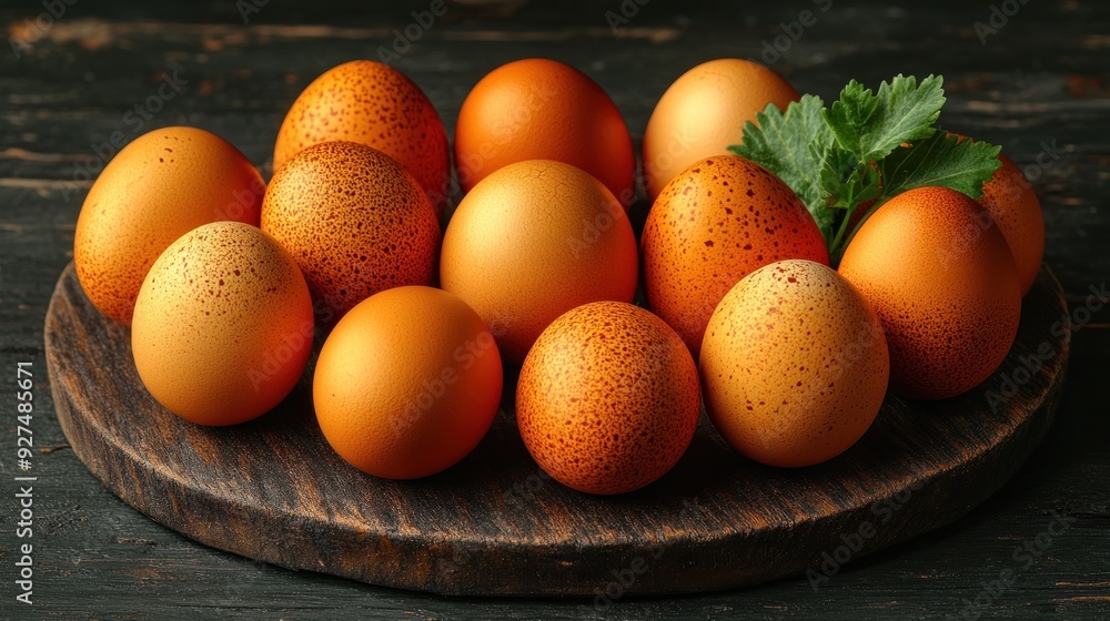Brown eggs nestled together with green herb accents on a wooden surface Brown eggs nestled together with green herb accents on a wooden surface