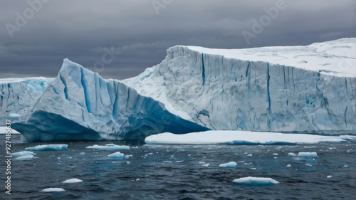 Close-up of a melting glacier edge, with cracks running deep into the ice. Small icebergs float in the surrounding cold, dark water, as the glacier slowly recedes under a pale, overcast sky.