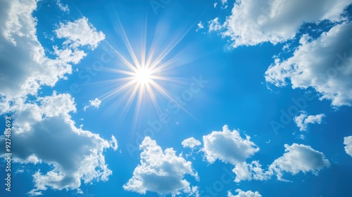 A bright, sunny day with a few white clouds in a deep blue sky