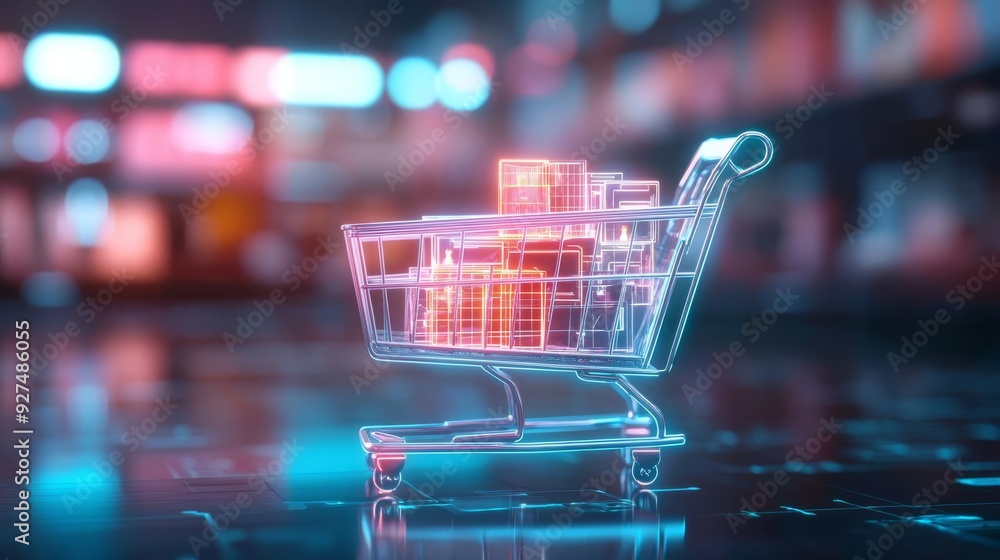 Futuristic shopping cart in a 3D virtual space, filled with neon-lit products, dynamic and immersive design, retail platform, next-gen e-commerce Futuristic shopping cart in a 3D virtual space, filled with neon-lit products, dynamic and immersive design, retail platform, next-gen e-commerce