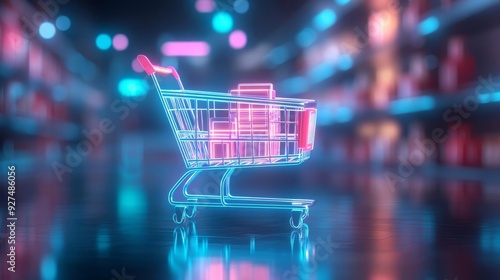 Futuristic shopping cart in a 3D virtual space, filled with neon-lit products, dynamic and immersive design, retail platform, next-gen e-commerce