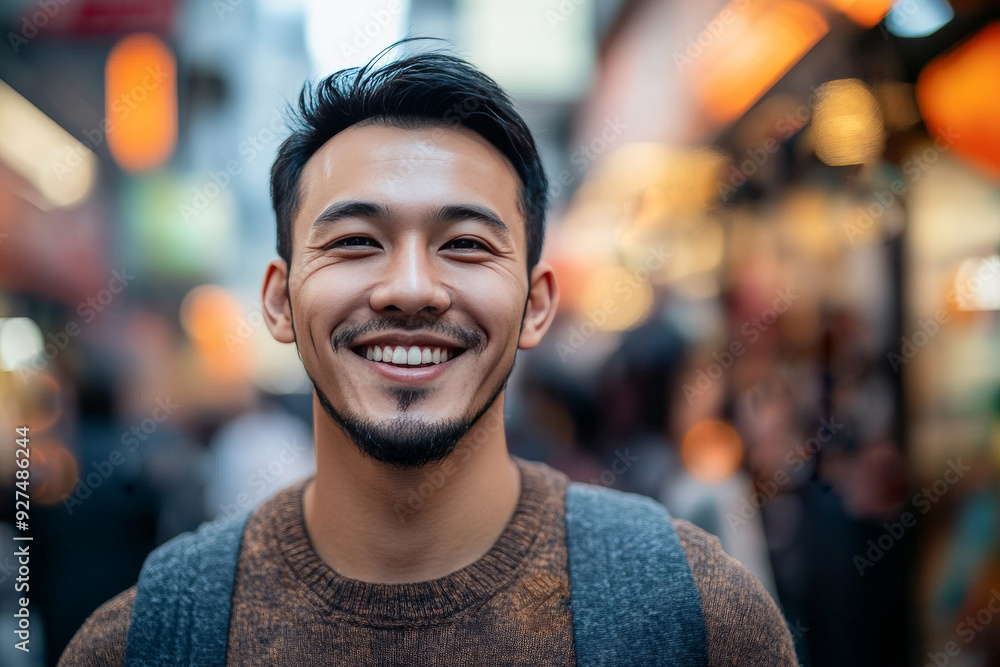 Portrait of a smiling man standing on a busy street at night, blending with the vibrant city life, while a couple and other pedestrians pass by in the background Portrait of a smiling man standing on a busy street at night, blending with the vibrant city life, while a couple and other pedestrians pass by in the background
