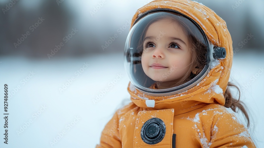 A child in an orange spacesuit admires the snowy surroundings with wonder A child in an orange spacesuit admires the snowy surroundings with wonder
