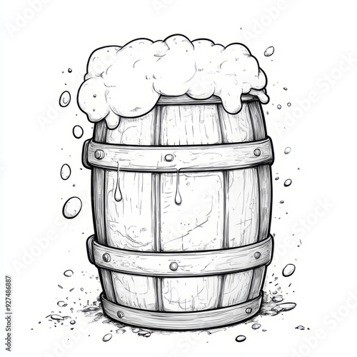 Hand drawn illustration of a wooden barrel overflowing with beer. photo