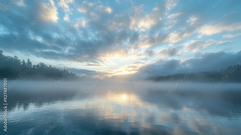 Fototapeta premium Misty Morning Serenity - Peaceful Atmosphere with Misty Sky and Clouds