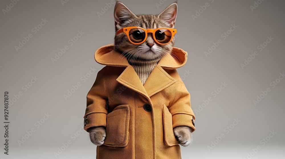 A fashionable feline showcases a vibrant coat and sunglasses with confidence A fashionable feline showcases a vibrant coat and sunglasses with confidence