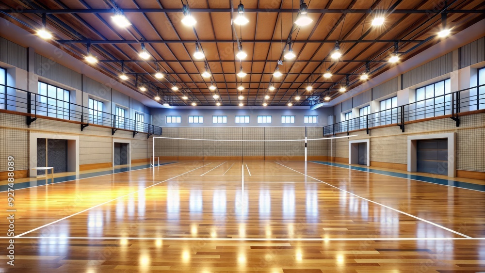 Fototapeta premium Brightly lit, modern indoor volleyball court with polished wood floors, official markings, and suspended ceiling lights, ready for competitive match or recreational play.