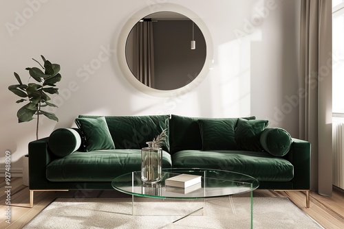 Modern living room with a green velvet sofa, round mirror on the wall, and a glass coffee table, decorated with plants and minimalist lighting