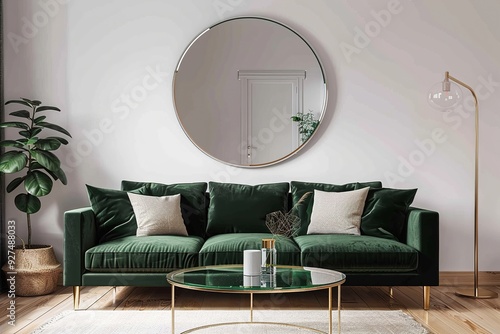 living room with a green velvet sofa, round mirror on the wall, and a glass coffee table, decorated with plants and minimalist lighting