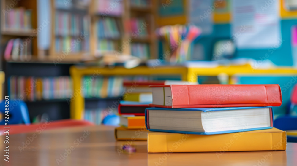 Books on Modern Table in Colorful Classroom Books on Modern Table in Colorful Classroom
