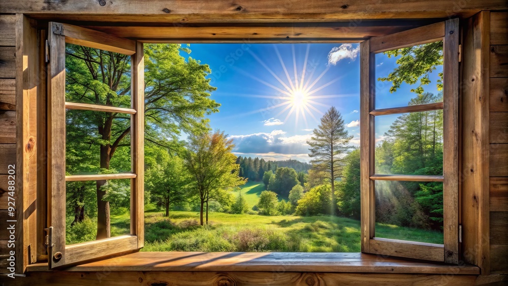 Obraz premium Bright sunlight pours in as a worn wooden window creaks open, revealing a serene natural landscape with lush green trees and a clear blue sky.