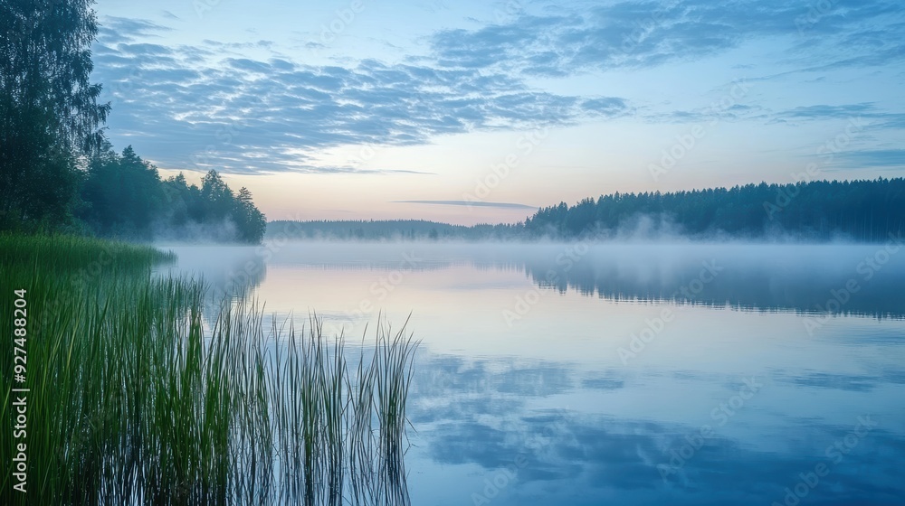 Fototapeta premium Tranquil Morning Serenity: Foggy Sky and Clouds Reflection on Lake Waters