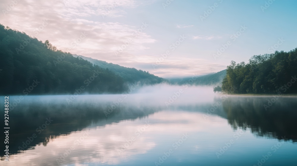 Fototapeta premium Serene Morning: Foggy Sky and Clouds Over Tranquil Lake