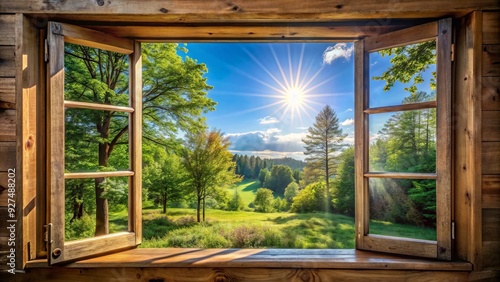 Bright sunlight pours in as a worn wooden window creaks open, revealing a serene natural landscape with lush green trees and a clear blue sky.