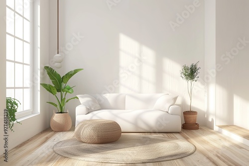 Bright  living room with white furniture, natural wooden elements, and lush green plants, creating a calm and cozy atmosphere