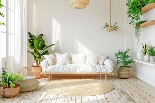Bright and airy living room with white furniture, natural wooden elements, and lush green plants, creating a calm and cozy atmosphere