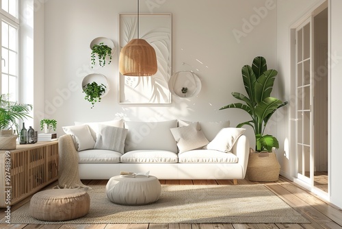 Bright and airy living room with white furniture, natural wooden elements, and lush green plants, creating a calm and cozy atmosphere