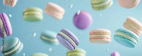 Wallpaper Mural Vibrant Macarons in Mid-Air with Soft Focus Background banner Torontodigital.ca