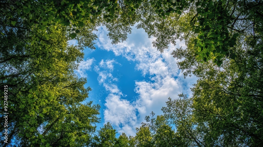 Obraz premium Tranquil Forest Clearing: Panoramic Sky View in Nature's Embrace
