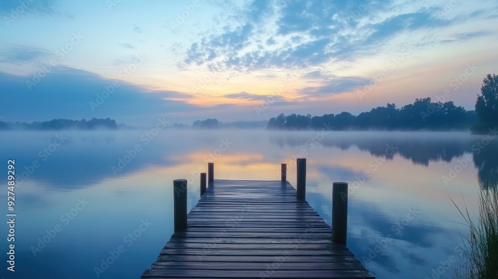 Fototapeta premium A calm morning with foggy sky and clouds over a lake 