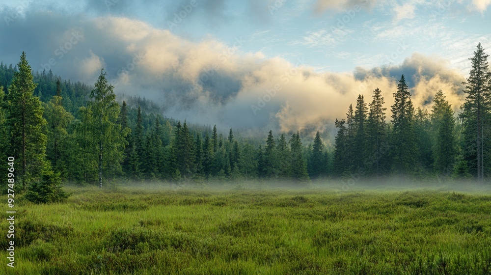 Fototapeta premium Serene Morning: Misty Low-Hanging Clouds Blanketing Forest Canopy