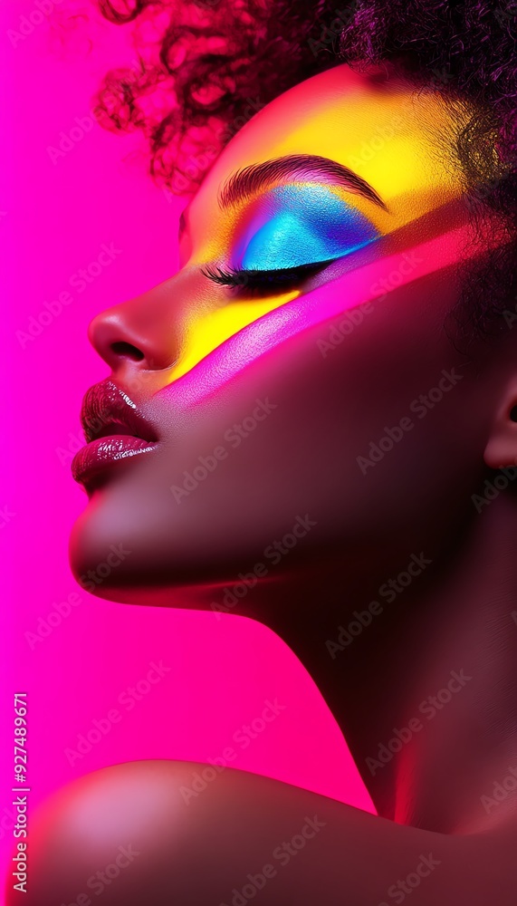 Vibrant portrait showcasing creative makeup artistry with neon colors against a pink background, emphasizing beauty and style. Vibrant portrait showcasing creative makeup artistry with neon colors against a pink background, emphasizing beauty and style.