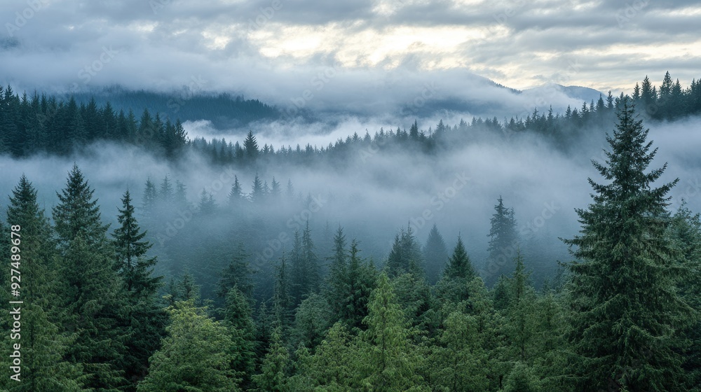 Serene Morning: Misty Forest with Low-Hanging Clouds Serene Morning: Misty Forest with Low-Hanging Clouds