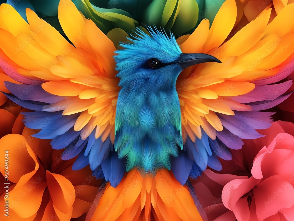 Obraz premium Vibrant bird with colorful feathers, set against a backdrop of bold, blooming flowers, showcasing nature's beauty and artistry.