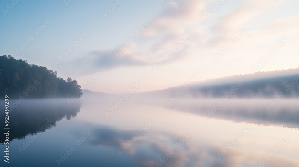 Serene Misty Morning: Tranquility at a Lake with Foggy Sky and Clouds Serene Misty Morning: Tranquility at a Lake with Foggy Sky and Clouds